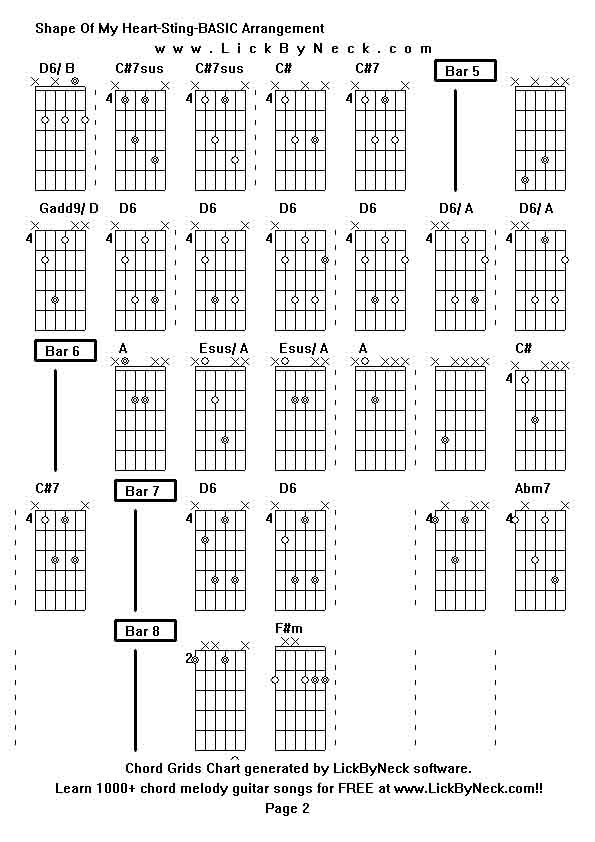 Chord Grids Chart of chord melody fingerstyle guitar song-Shape Of My Heart-Sting-BASIC Arrangement,generated by LickByNeck software.